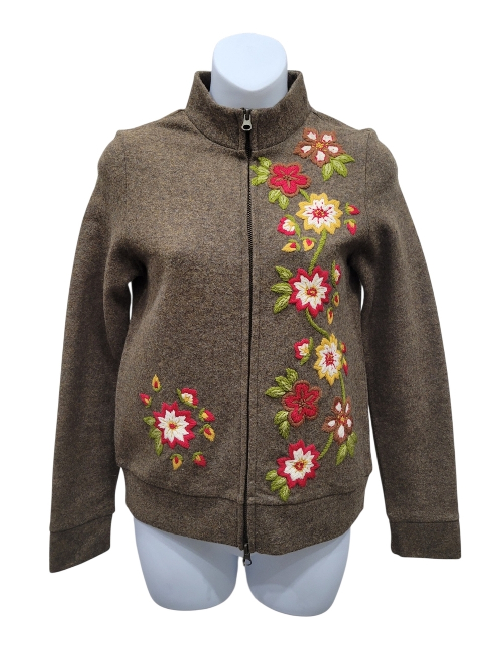 Y2K France Made 85% Wool Brown Embroidery Flower Zip Up Jacket Top Size: XS